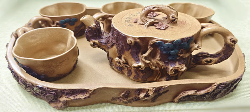 Yellow clay Pine tree stump Purple clay teapot set